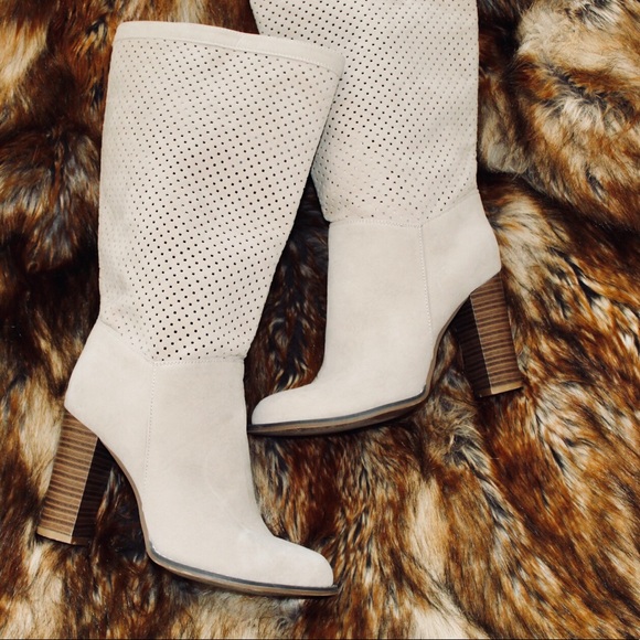 Shoes - Tall Cream Perforated Boots